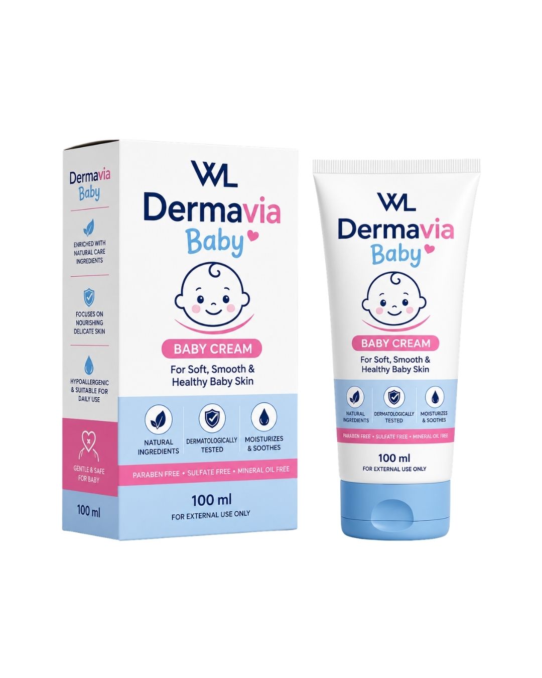 Dermavia Baby Cream box and 100 mL tube for moisturizing and soothing delicate baby skin.