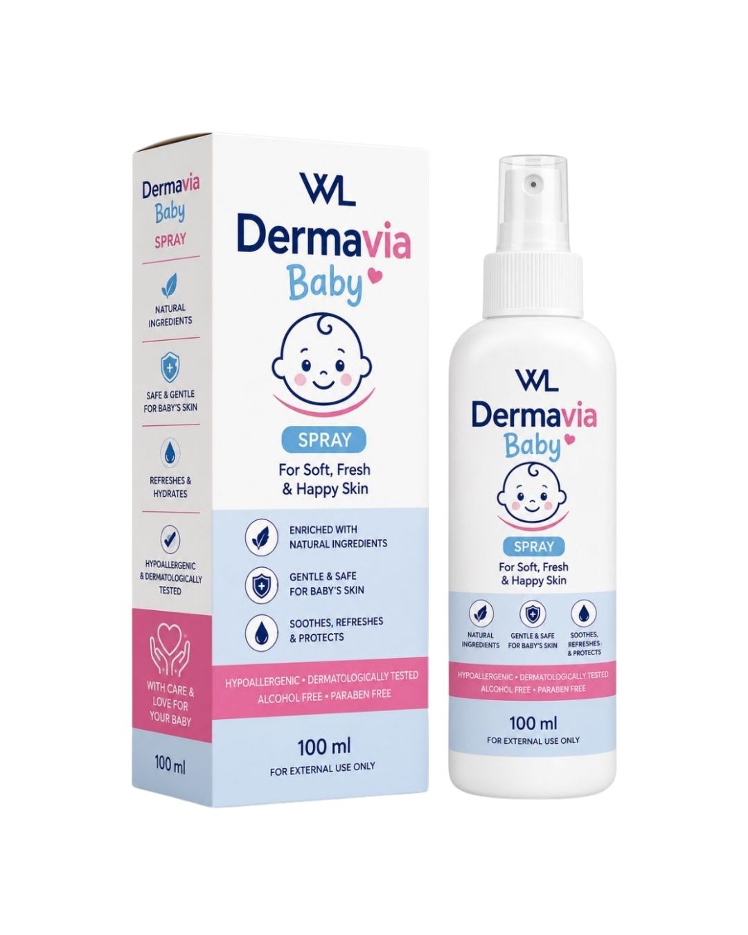 Dermavia Baby Spray box and 100 mL spray bottle for soothing, refreshing and protecting delicate baby skin