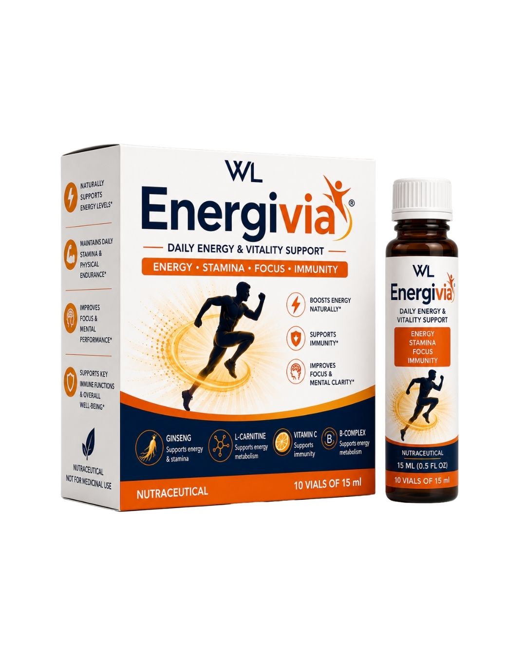 Energivia Daily Energy and Vitality Support box with ten 15 mL drinking vials containing ginseng, L-carnitine, vitamin C and B-complex