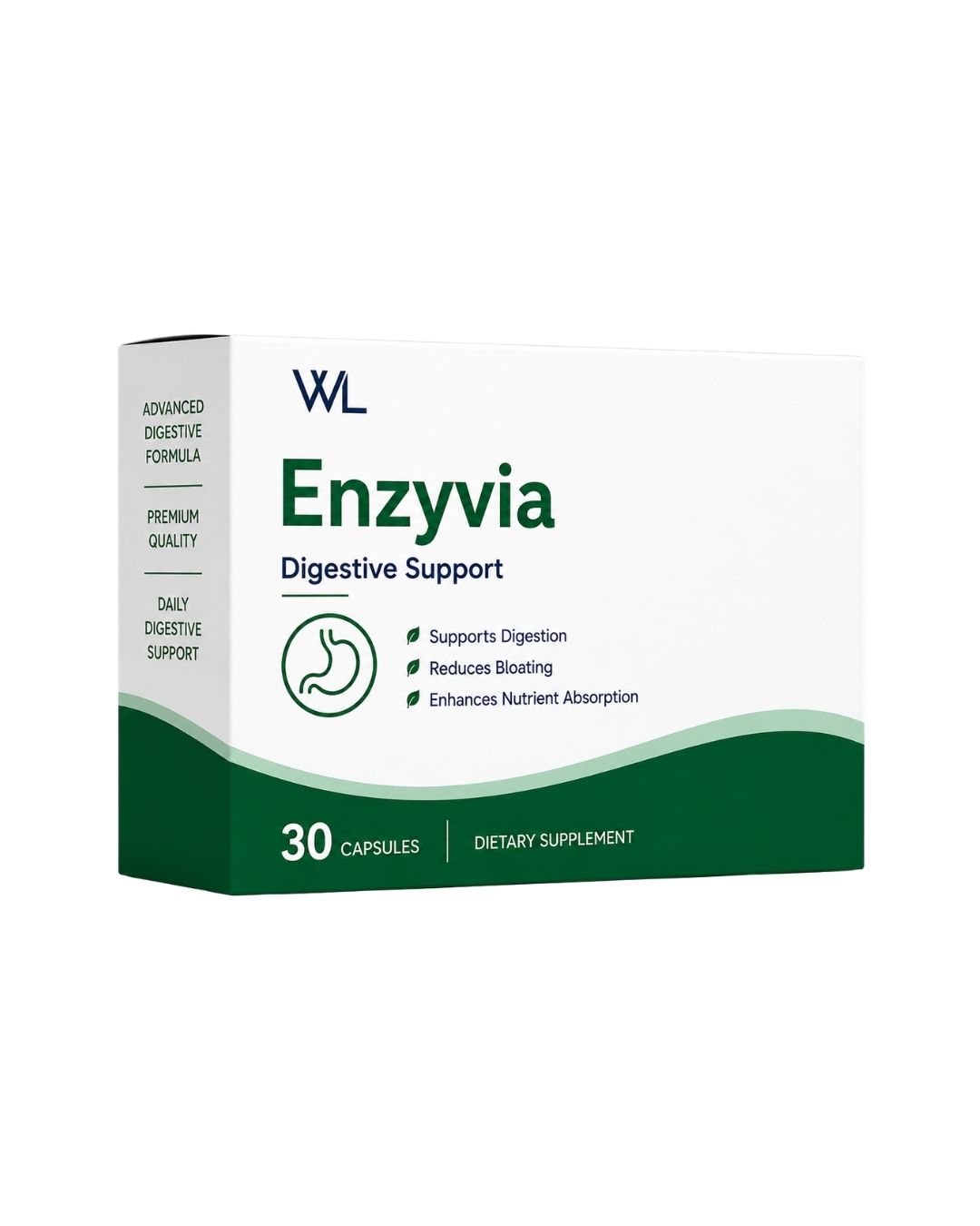 Enzyvia Digestive Support box containing 30 capsules formulated to support digestion, reduce bloating and enhance nutrient absorption