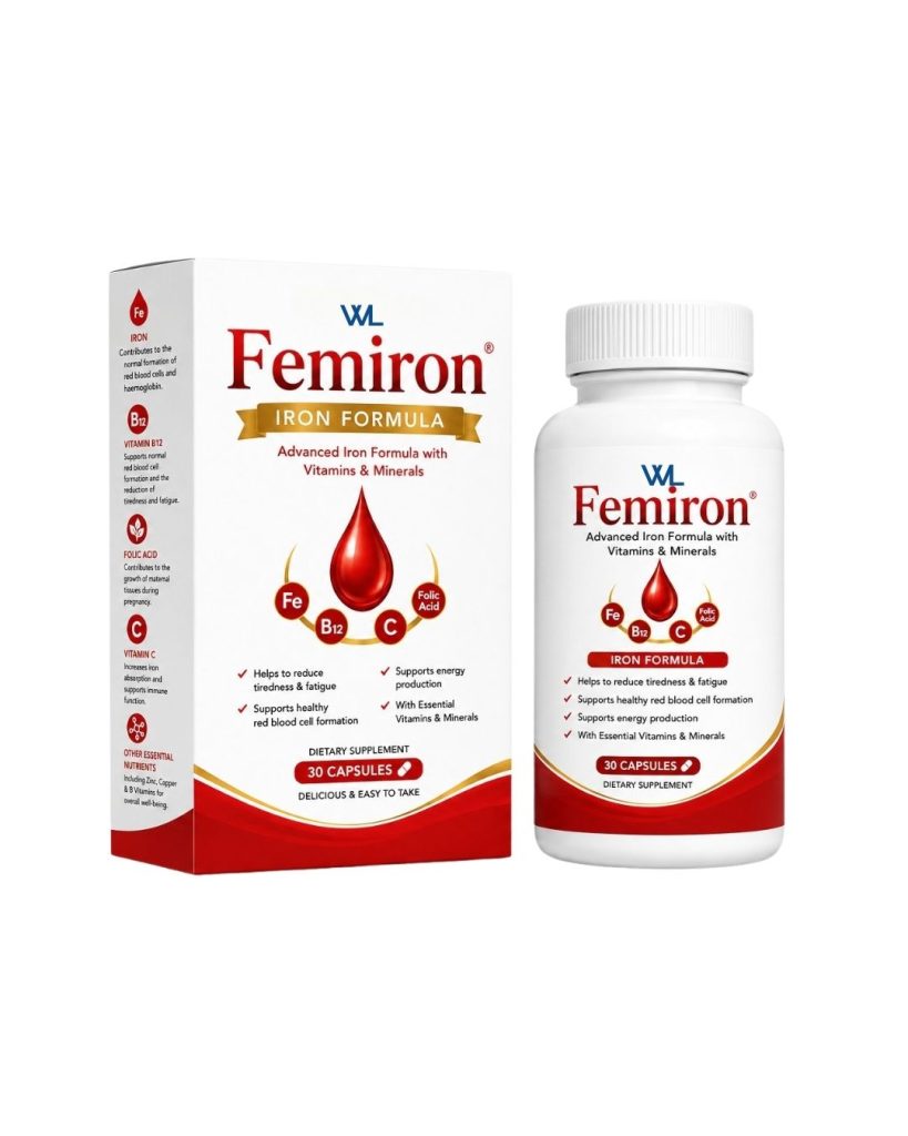 Femiron Advanced Iron Formula box and bottle containing 30 capsules with iron, folic acid, vitamin B12, vitamin C and minerals