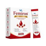 Femiron Iron Formula box with 30 individual stick packs containing iron, vitamin B12, folic acid, vitamin C and minerals.