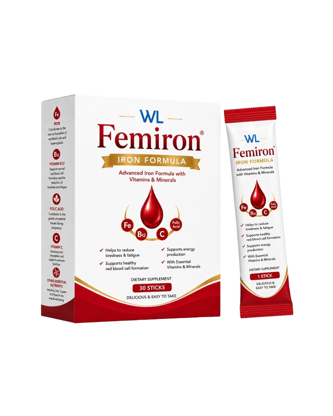 Femiron Iron Formula box with 30 individual stick packs containing iron, vitamin B12, folic acid, vitamin C and minerals.