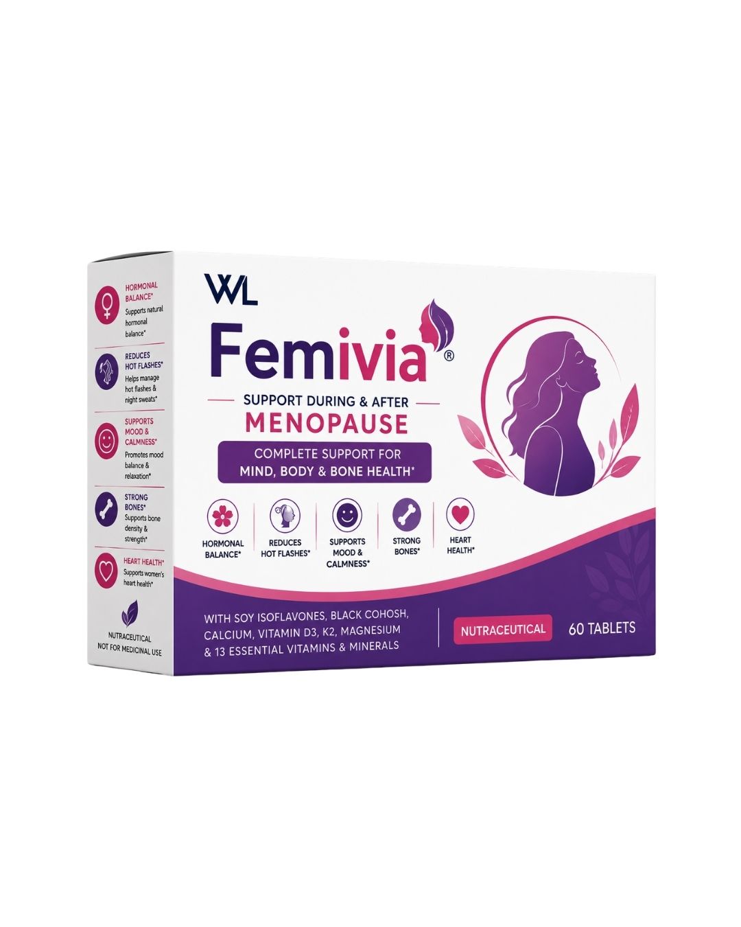 Femivia menopause support supplement box containing 60 tablets for hormonal balance, hot flashes, mood and bone health