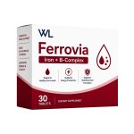 Ferrovia Iron and B-Complex dietary supplement box containing 30 tablets for iron, energy and red blood cell support