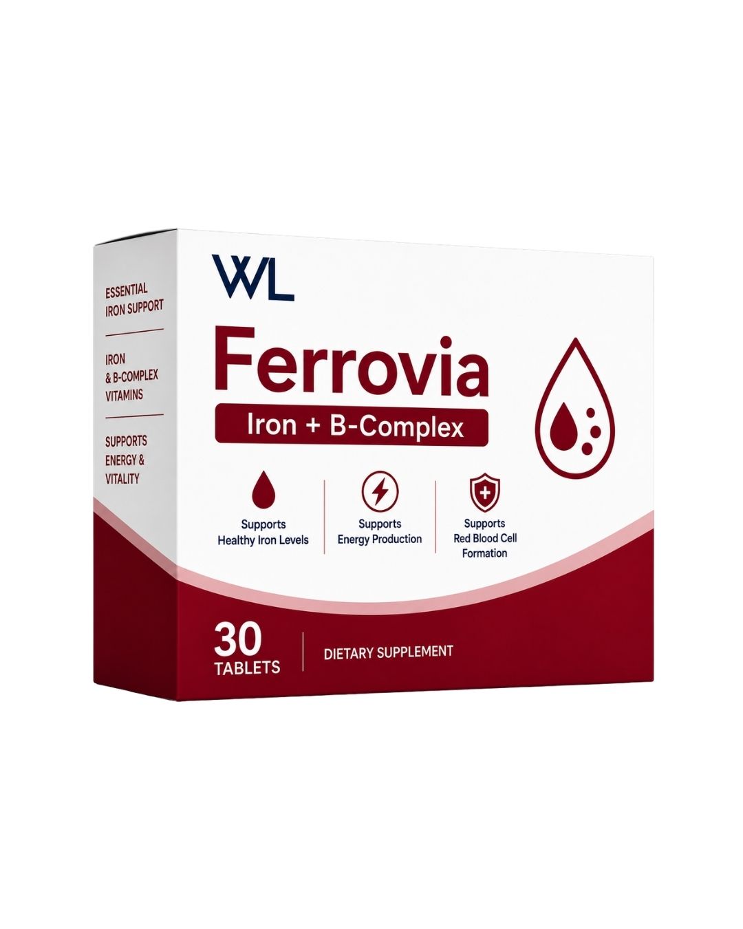 Ferrovia Iron and B-Complex dietary supplement box containing 30 tablets for iron, energy and red blood cell support