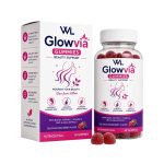 Glowvia Beauty Support Gummies box and bottle containing 60 red mixed-berry gummies for hair, skin and nail support