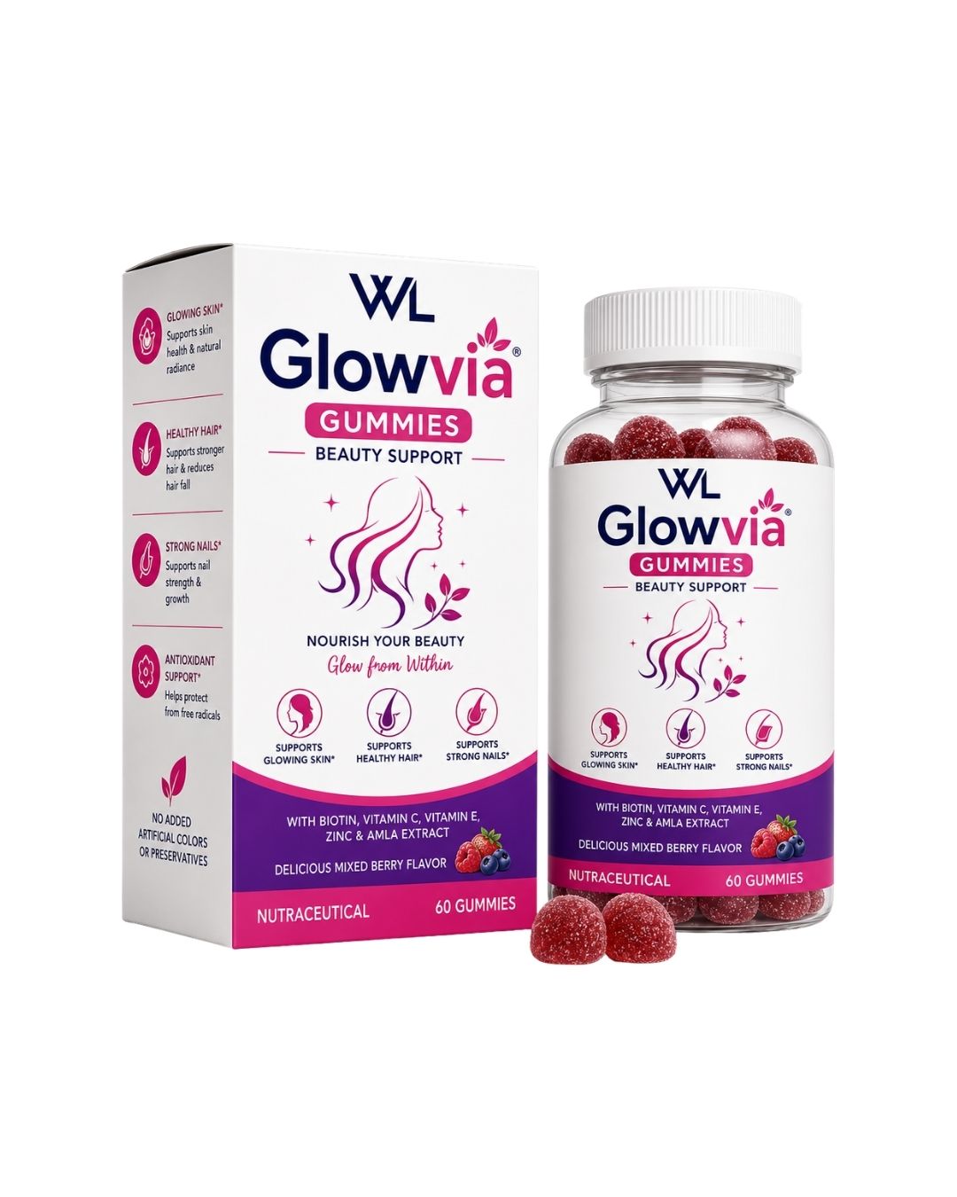 Glowvia Beauty Support Gummies box and bottle containing 60 red mixed-berry gummies for hair, skin and nail support