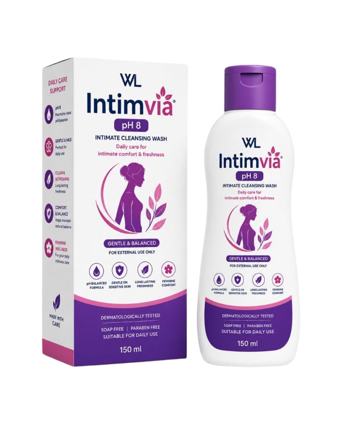 Intimvia pH 8 Intimate Cleansing Wash box and 150 mL bottle with purple cap for gentle daily intimate care