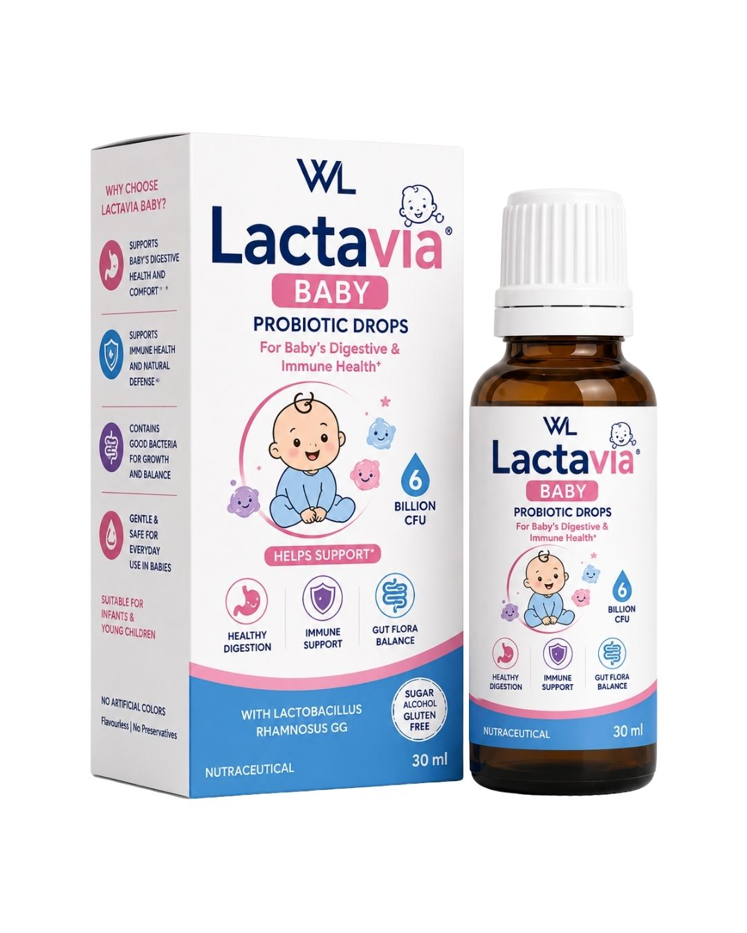 Lactavia Baby Probiotic Drops box and 30 mL bottle with 6 billion CFU for infant digestive, immune and gut flora support.
