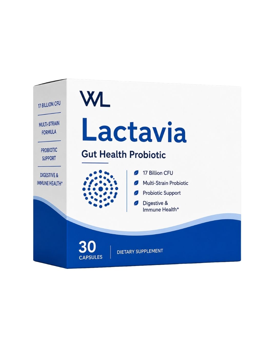 Lactavia Gut Health Probiotic box containing 30 capsules with 17 billion CFU and a multi-strain probiotic formula