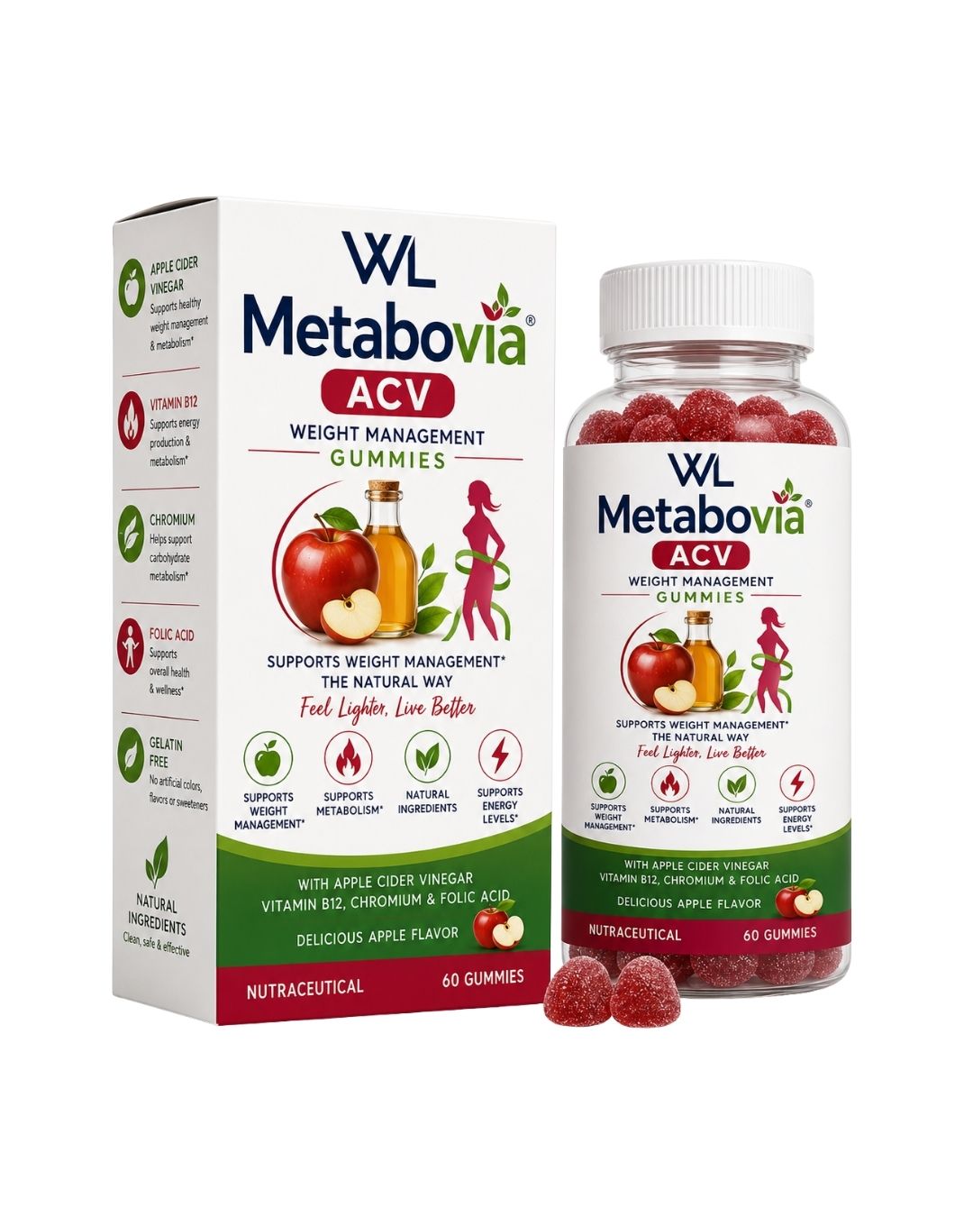 Metabovia ACV Weight Management Gummies box and bottle containing 60 red apple-flavored gummies