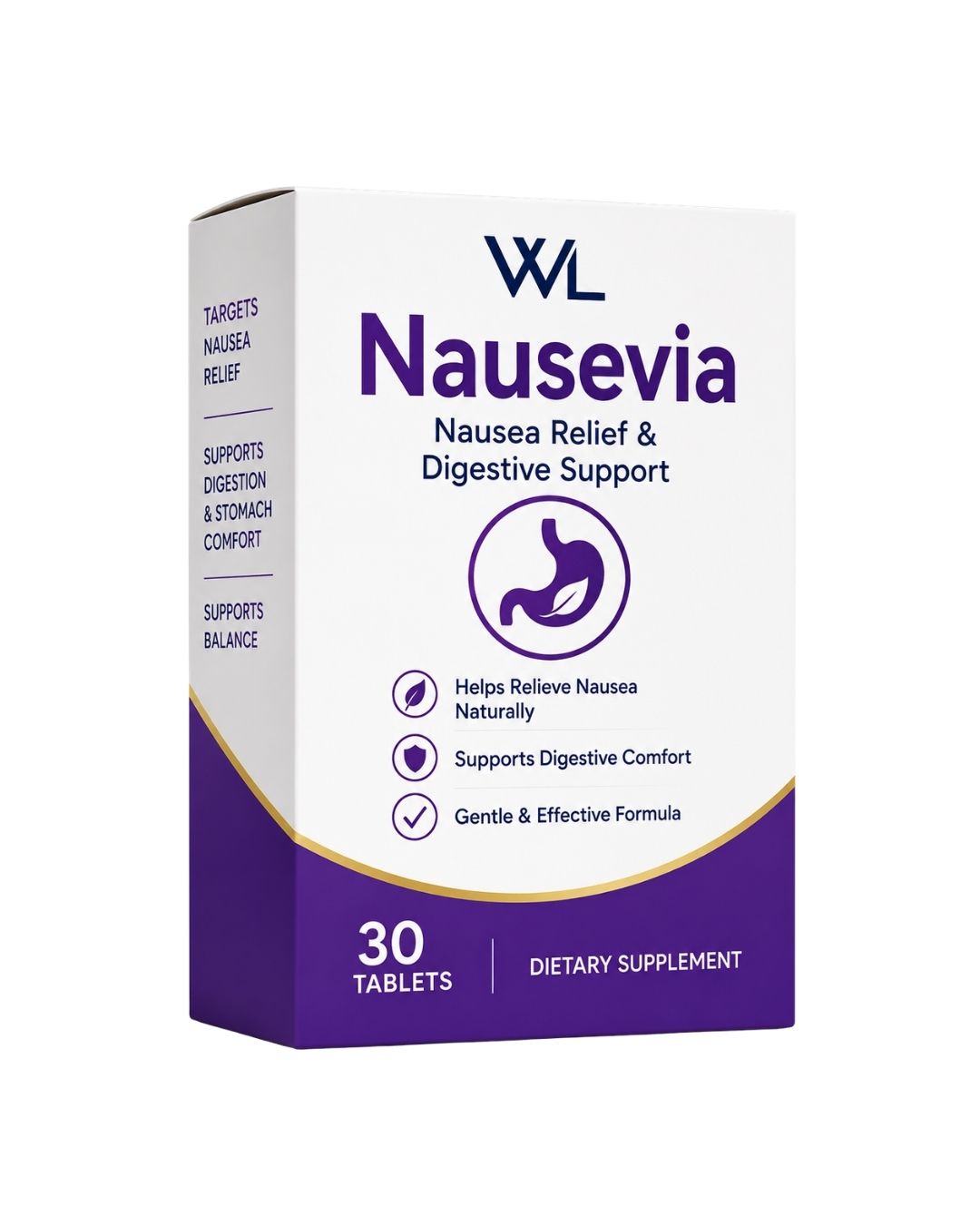 Nausevia Nausea Relief and Digestive Support box containing 30 tablets for digestive and stomach comfort