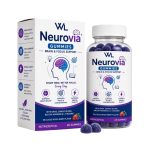 Neurovia Brain and Focus Support box and bottle containing 60 purple mixed-berry gummies for focus, concentration and mental clarity