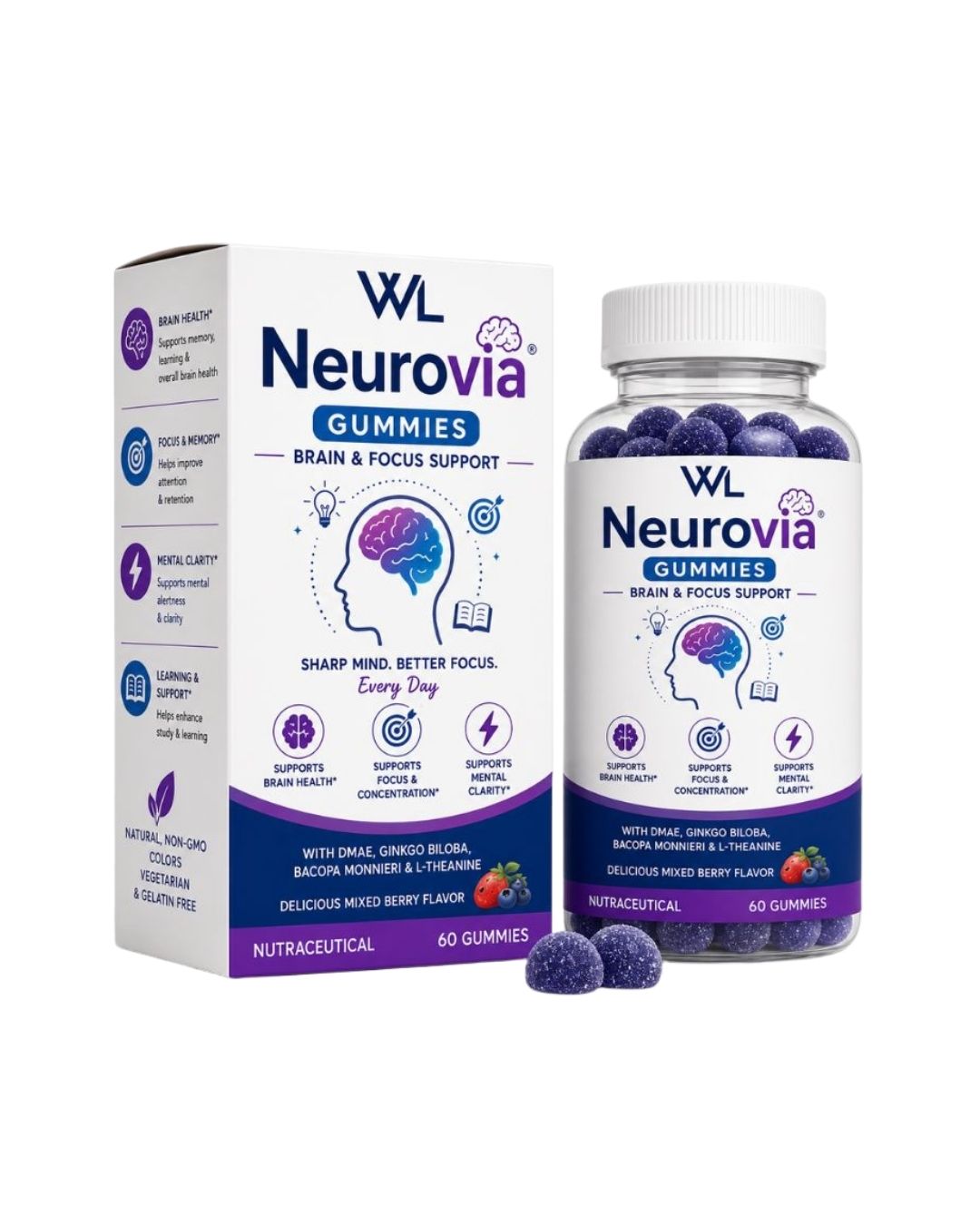 Neurovia Brain and Focus Support box and bottle containing 60 purple mixed-berry gummies for focus, concentration and mental clarity
