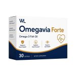 Omegavia Forte Omega-3 Fish Oil box containing 30 softgels for heart, brain and eye health support.