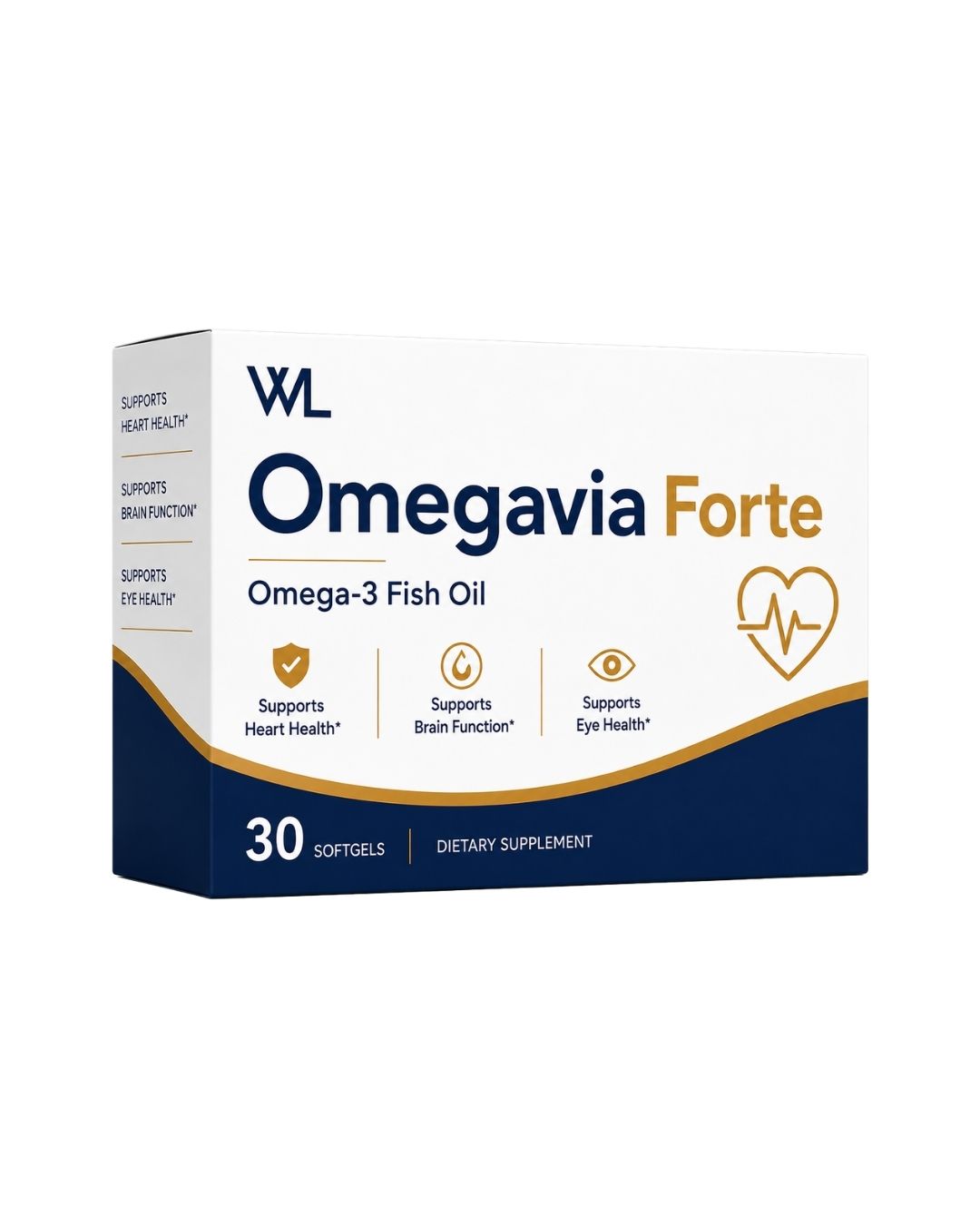 Omegavia Forte Omega-3 Fish Oil box containing 30 softgels for heart, brain and eye health support.