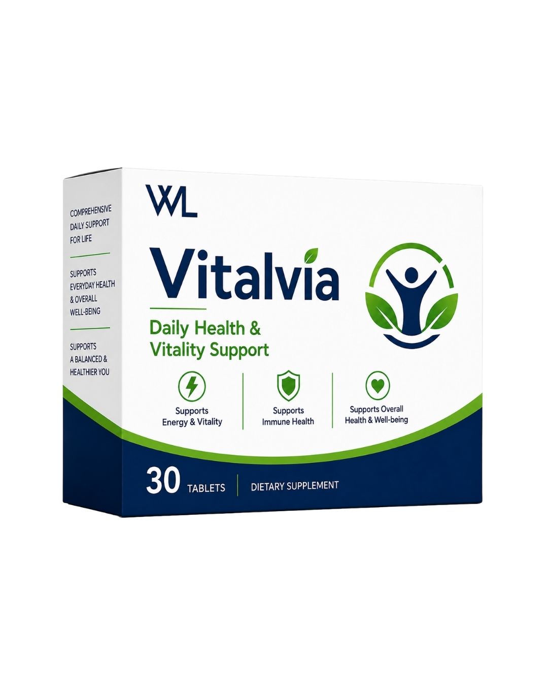 Vitalvia Daily Health and Vitality Support box containing 30 tablets for energy, immune health and overall well-being
